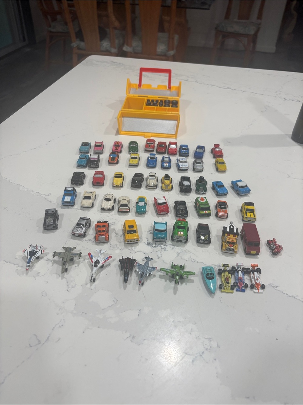 Yellow Toy Carry Case with Assorted Mini Vehicles - lot of 59